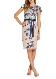 Adrianna Papell Embroidered Floral Tie Waist Sheath Dress