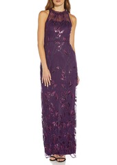 Adrianna Papell Embroidered Halter Evening Gown in Black Plum at Nordstrom