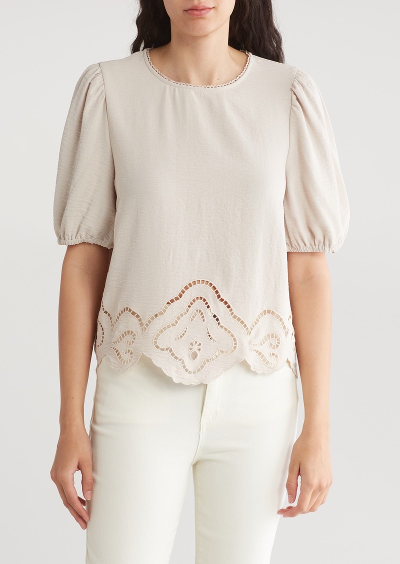 Adrianna Papell Eyelet Border Woven Top in Pebble at Nordstrom Rack