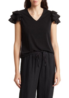 Adrianna Papell Eyelet Ruffle Sleeve Crepe Top in Black at Nordstrom Rack