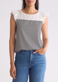 Adrianna Papell Eyelet Ruffle Stripe Top in White/Black at Nordstrom Rack
