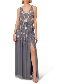 Adrianna Papell Floral Beaded Sleeveless Mesh Gown
