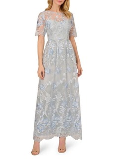 Adrianna Papell Floral Embroidered Short Sleeve A-Line Gown