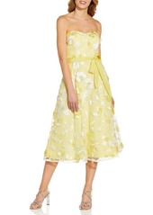 Adrianna Papell Floral Embroidered Strapless Cocktail Midi Dress in Lemon at Nordstrom