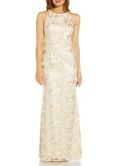 Adrianna Papell Floral Embroidery Halter Neck Gown in Ivory Multi at Nordstrom
