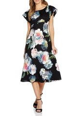 Adrianna Papell Floral Fit & Flare Crêpe de Chine Midi Dress in Black Multi at Nordstrom