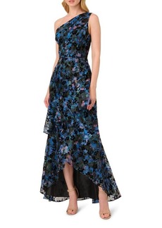 Adrianna Papell Floral Flocked Velvet One-Shoulder High-Low Gown