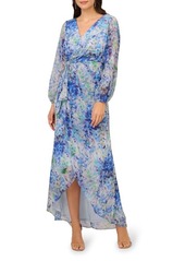 Adrianna Papell Floral Metallic Long Sleeve Chiffon High-Low Dress