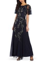 Adrianna Papell Flutter-Sleeve Embellished Gown