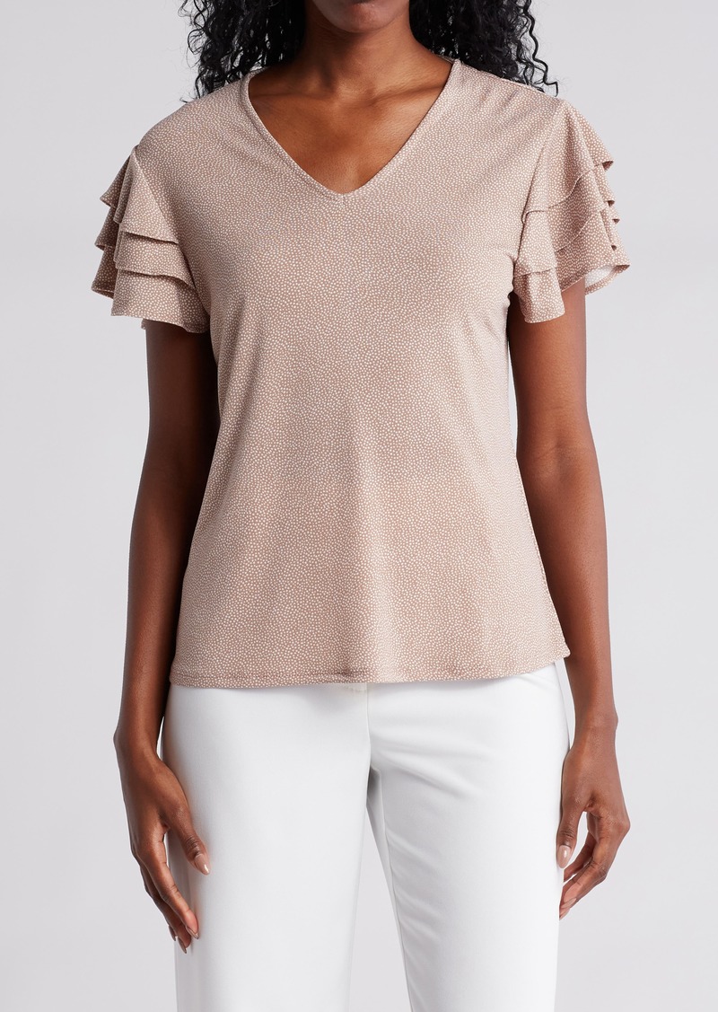 Adrianna Papell Flutter Sleeve Top in Cocoa/Ivory Micro Dot at Nordstrom Rack