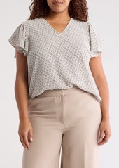 Adrianna Papell Flutter Sleeve V-Neck Top in Ivory/Tan Chain Geo at Nordstrom Rack