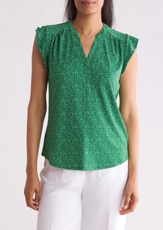 Adrianna Papell Flutter Sleeve V-Neck Top in Kimi Green Tiny Cheetah at Nordstrom Rack