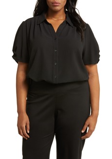 Adrianna Papell Gathered Short Sleeve Button-Up Shirt in Black at Nordstrom Rack
