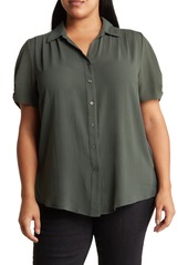 Adrianna Papell Gathered Short Sleeve Button-Up Shirt in Black at Nordstrom Rack