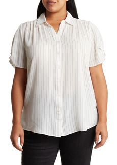 Adrianna Papell Gathered Short Sleeve Button-Up Shirt in Ivory Vertical Pinstripe at Nordstrom Rack