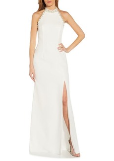 Adrianna Papell Imitation Pearl Halter Evening Gown in Ivory at Nordstrom