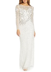 Adrianna Papell Long Sleeve Beaded Column Gown in Ivory/Silver at Nordstrom