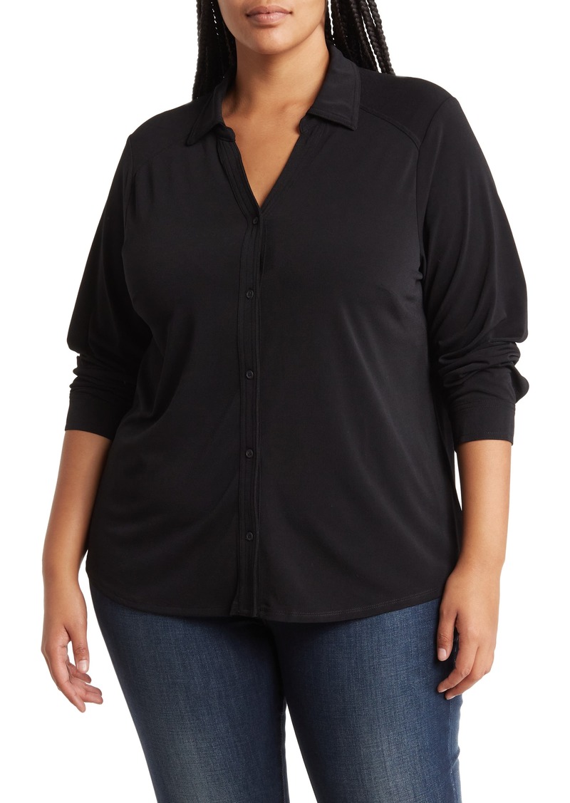 Adrianna Papell Long Sleeve Button-Up Top in Black at Nordstrom Rack