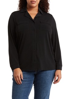 Adrianna Papell Long Sleeve Moss Crepe Button-Up Shirt in Black at Nordstrom Rack