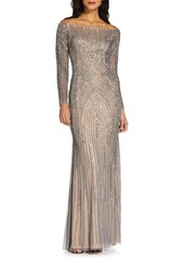 Adrianna Papell Beaded Long Sleeve Off the Shoulder Mermaid Gown