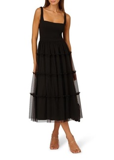 Adrianna Papell Mesh Overlay Tiered Midi Cocktail Dress