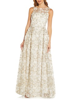 Adrianna Papell Metallic 3D Floral Gown in Ivory/Gold at Nordstrom