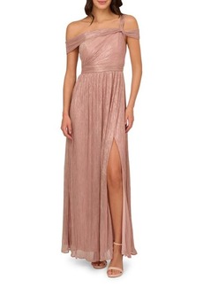 Adrianna Papell Metallic Crinkle Off the Shoulder Gown