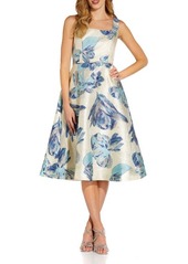 Adrianna Papell Metallic Floral Jacquard Sleeveless Fit & Flare Cocktail Midi Dress in Parisian Blue at Nordstrom