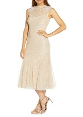 Adrianna Papell Mock Neck Beaded Midi Cocktail Dress in Alabaster at Nordstrom