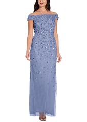 Adrianna Papell Off-The-Shoulder 3-d Beaded Gown