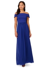 Adrianna Papell Off-The-Shoulder Chiffon Gown - Midnight Navy Blue