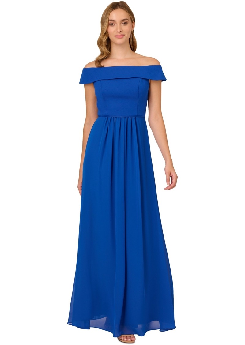 Adrianna Papell Off-The-Shoulder Chiffon Gown - Violet Cobalt