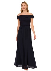 Adrianna Papell Off-The-Shoulder Chiffon Gown - Violet Cobalt