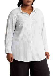 Adrianna Papell Pinstripe Long Sleeve Button-Up Shirt in Ivory/Black Light Stripe at Nordstrom Rack