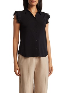 Adrianna Papell Pleated Cap Sleeve Button-Up Shirt in Black at Nordstrom Rack