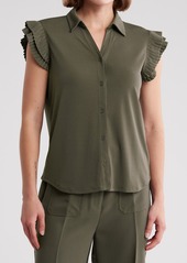 Adrianna Papell Pleated Cap Sleeve Button-Up Shirt in Fatigue at Nordstrom Rack