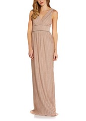 Adrianna Papell Pleated Embellished Waist Metallic Maxi Gown