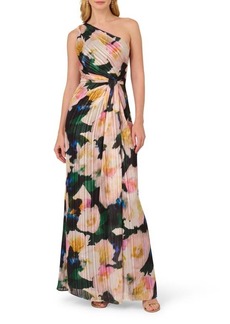 Adrianna Papell Pleated Floral One-Shoulder Chiffon Gown