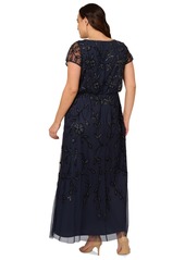 Adrianna Papell Plus Size Blouson Beaded Short-Sleeve Gown - Navy Black