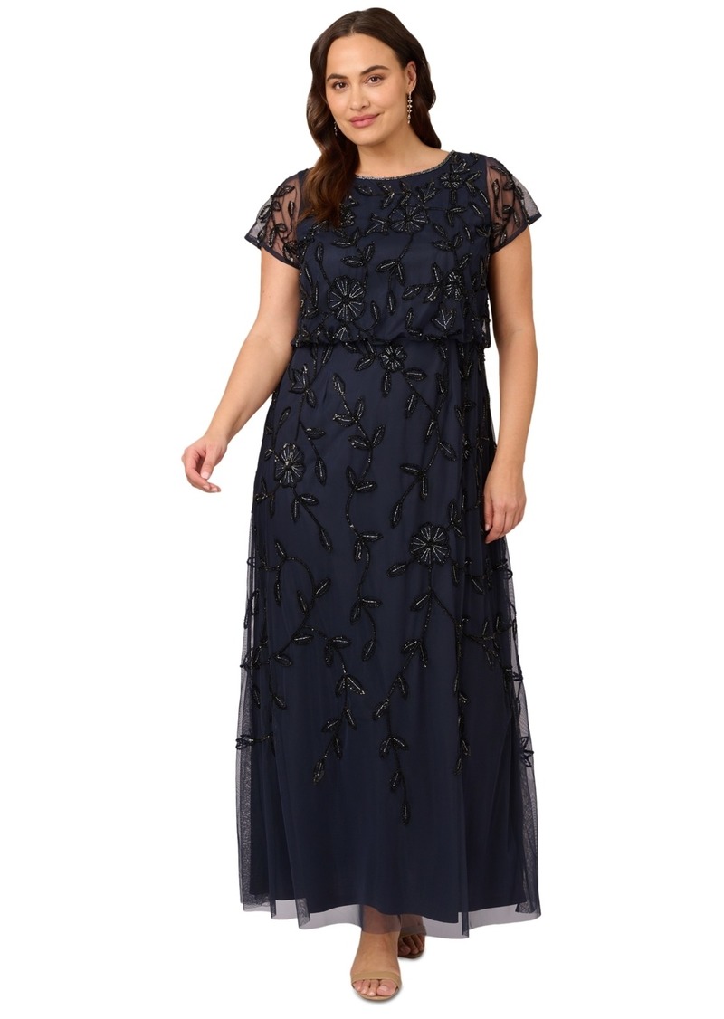 Adrianna Papell Plus Size Blouson Beaded Short-Sleeve Gown - Navy Black