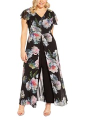 Adrianna Papell Plus Size Floral Chiffon Overlay Jumpsuit - Black Multi