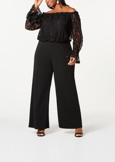 Adrianna Papell Plus Size Off-The-Shoulder Lace Jumpsuit - Black