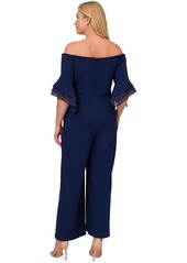 Adrianna Papell Plus Size Off-The-Shoulder Organza-Sleeve Jumpsuit - Navy Sateen
