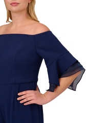Adrianna Papell Plus Size Off-The-Shoulder Organza-Sleeve Jumpsuit - Navy Sateen