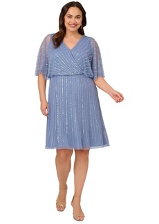 Adrianna Papell Plus Size Surplice-Neck Beaded Short Dress - French Blue