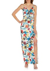 Adrianna Papell Print Crepe Evening Gown in Blue/Yellow at Nordstrom