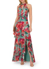 Adrianna Papell Print Ruffle Halter Gown