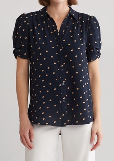 Adrianna Papell Puff Short Sleeve Button-Up Top in Navy Khaki Double Dot at Nordstrom Rack