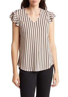 Adrianna Papell Ruffle Sleeve V-Neck Top in Cocoa/Ivory Triple Stripe at Nordstrom Rack