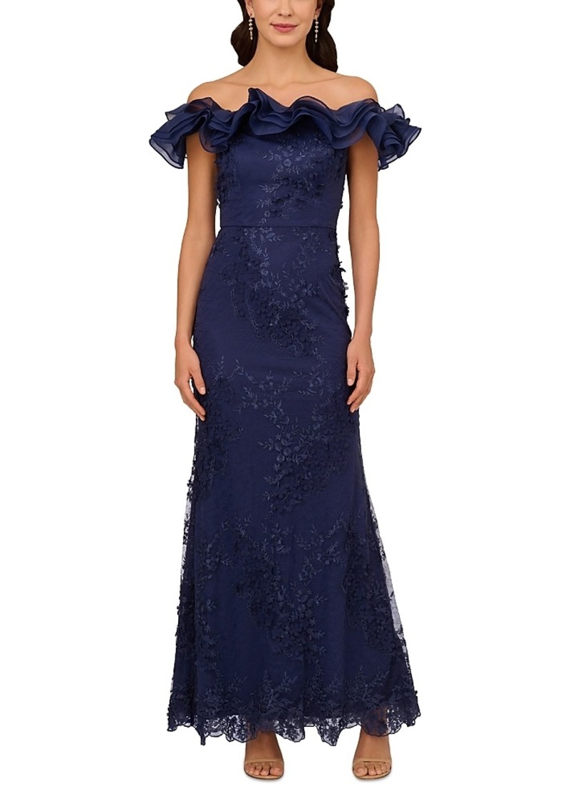 Adrianna Papell Ruffled Embroidered Mermaid Gown